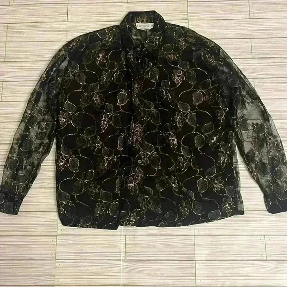 80’s Floral Lace Mesh Button down - Picture 1 of 5